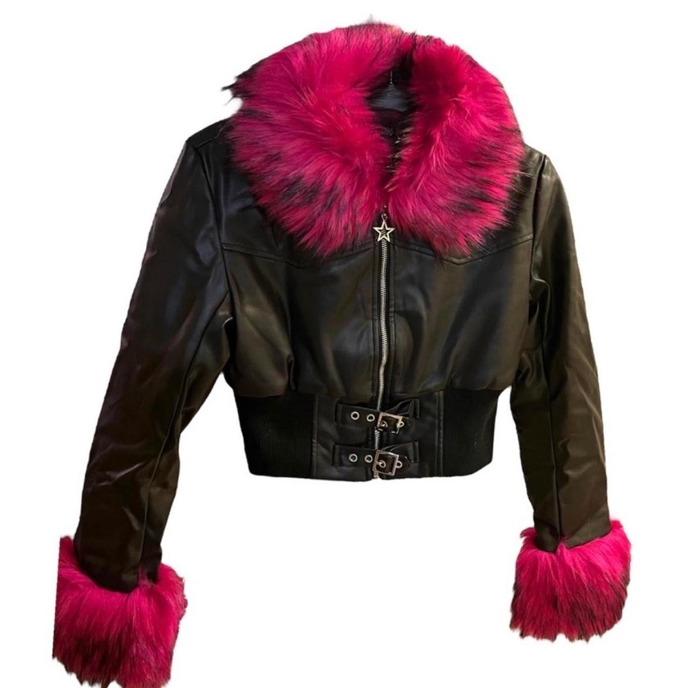 CURRENT MOOD  PINK & BLACK FAUX FUR COLLAR CROPPED JACKET BNWT